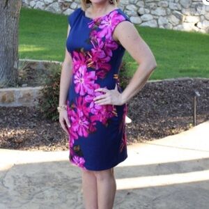 Wisp Elegant Floral Midi Dress in Navy and Fuchsia